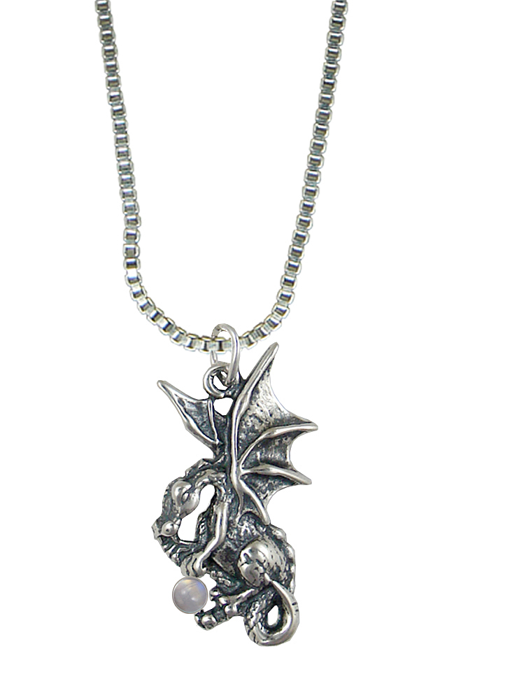 Sterling Silver Playful Dragon Pendant With Rainbow Moonstone